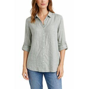 TAHARI Moss Cross Dye 100% Linen Lagenlook Button Down Shirt Tunic Top Size 3X